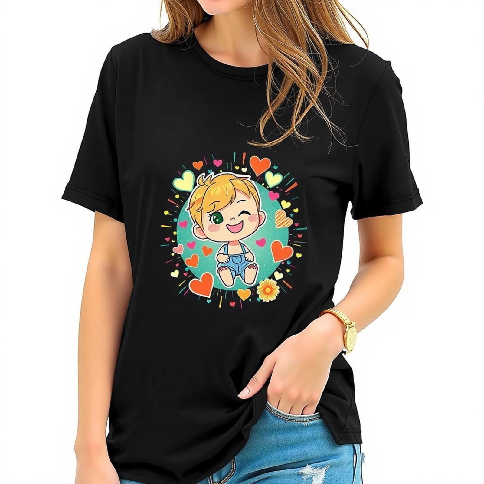 Cheerful Cartoon Graphic T-Shirt Black Tee with Colorful& Playful Style