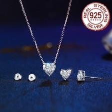 925 Sterling Silver Jewelry Set Women Heart Zircon Crystal Necklace Earring Gift