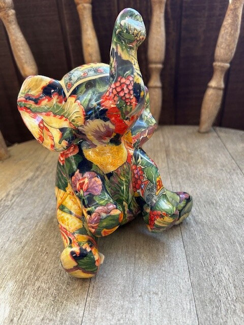 Vintage 90’s Decoupage Elephant Colorful Mix Media Design Sitting Position