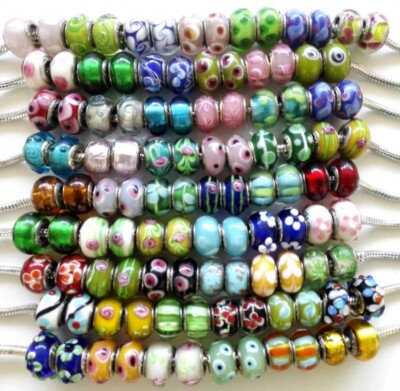 #ad #ad 50 Lampwork Big Hole Round Beads European Charm Bracelets Assorted Designs $12.99