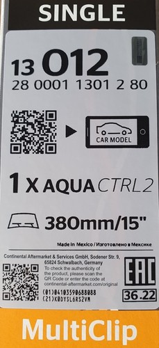 Tergicristallo CONTINENTAL AQUACTRL 2 SINGLE 380 mm 13012 Fiat 500 L Fiat Panda - Imagen 2 de 2