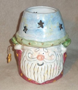 2002 Enesco whimsical ceramic Santa Candle Holder w Star Shade & GOLD accents