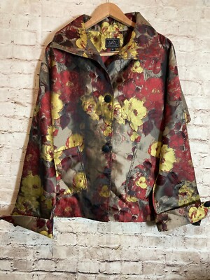 UBU Jacket Womens Medium Rust Watercolor Floral Satin Artsy Art To Wear Pocket