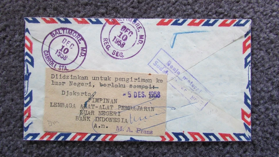 ИНДОНЕЗИЯ СКОТТ 460 Б/У ЗАРЕГИСТРИРОВАННАЯ ОБЛОЖКА В США INT. ГЕОФИЗИЧЕСКИЙ 1958 ГОД - Изображение 2 из 2