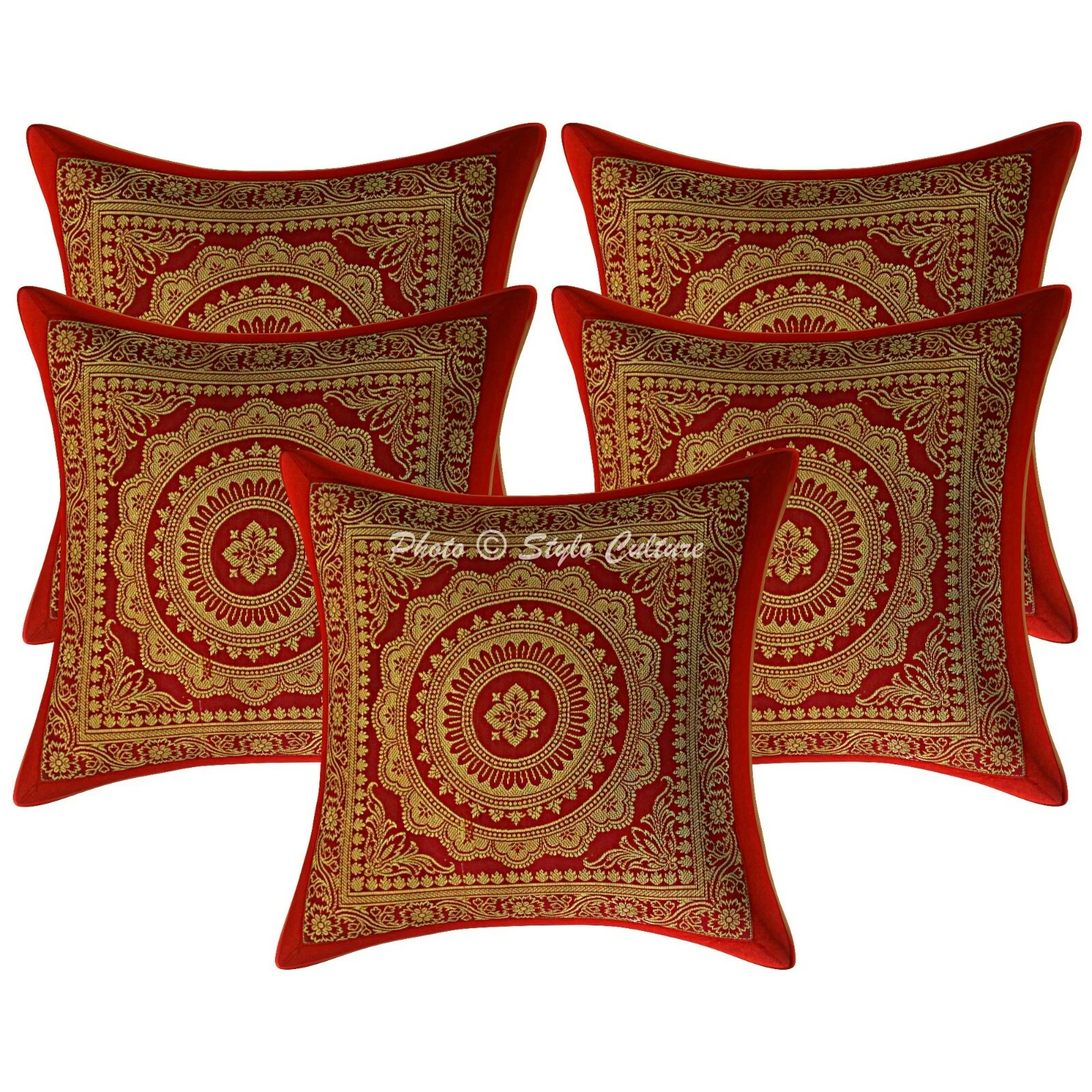 Brocade Home Decor Pillow Cover Maroon Mandala Handmade Throw Cushions