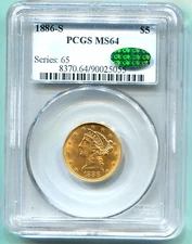 1886-S $5 LIBERTY PCGS MS64 CAC MS-64 CAC Premium Quality P.Q. Older Holder CAC