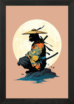 Samurai Katze sitzend mit Vollmond gerahmtes Wandbild Poster Leinwanddruck Bild