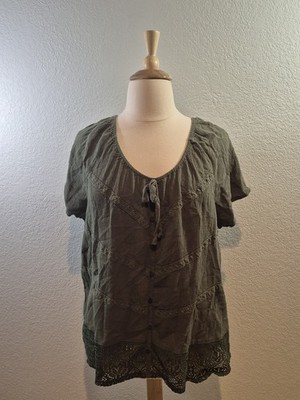 Avenue Sage Green TOP 4X 30/32 Peasant Blouse Ilet Lace at Hem Boho Comfortable