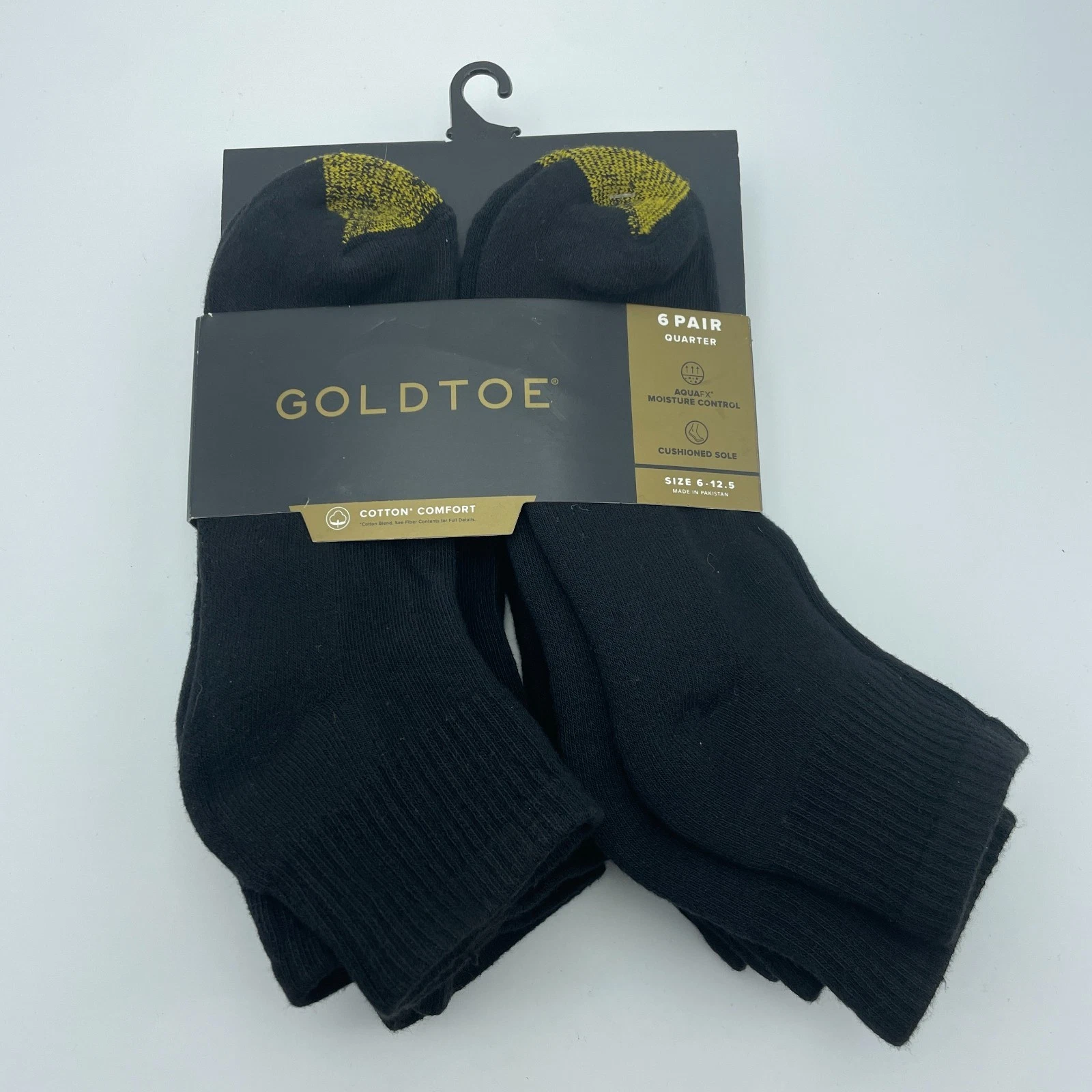 GOLDTOE Mens Socks 6 Pair Black Sport Quarter Cotton Comfort 6 to 12.5 NEW