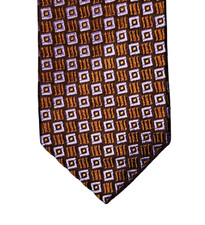 XMI Platinum Necktie Tie Mens Brown Blue Geometric Pattern Silk Hand Made In USA