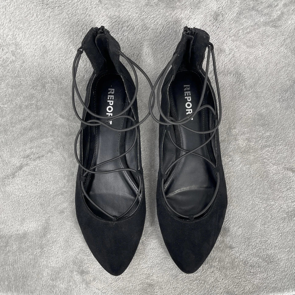 Report Ballet Shoes Women Size 8.5 Black Suede Lace Up Preppy Flats Pointed Toe - Image 4 of 4