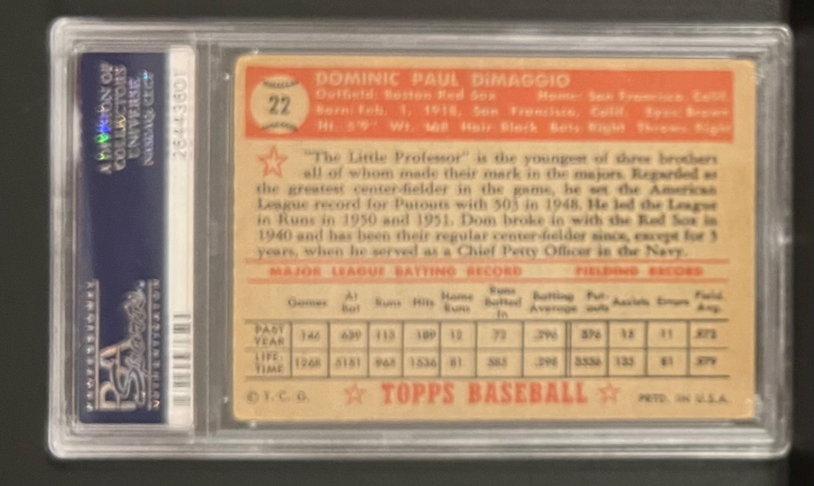 1952 Topps Dom DiMaggio #22 PSA3 view 2