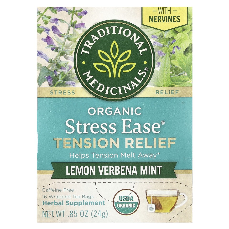 Organic Stress Ease® Tension Relief, Lemon Verbena Mint, Caffeine Free, 16