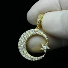 1.20Ct Lab Created Crescent Moon & Star Pendant Round 14K Yellow Gold Plated