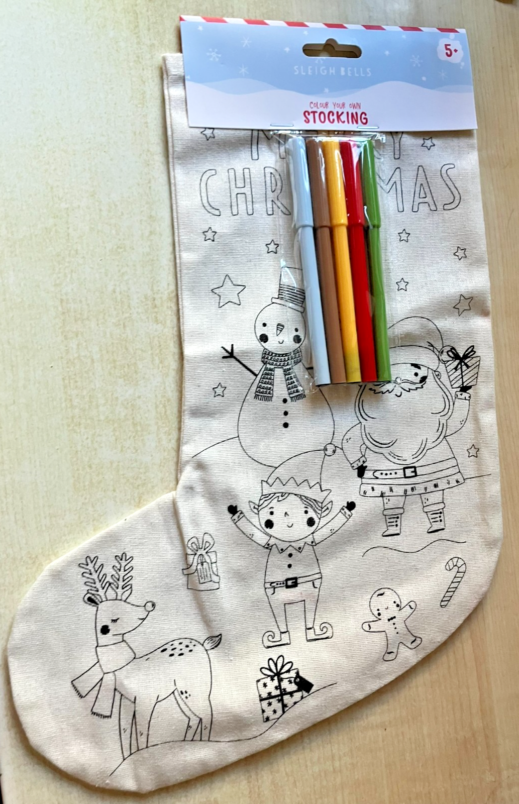 BNWT New Sleigh Bells Colour Your Own Christmas Stocking & 5 Pens - Kid Activity