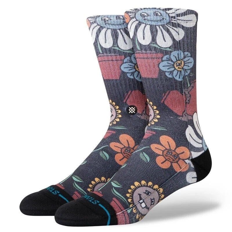 Stance Adult Black Crew Polyester Cushion Happy Planted Casual Socks Sz L 9-13