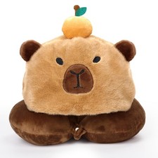 Capybara U-Shaped Travel Pillow with Hood,Neck Headrest Plush Pillow,Hooded S...