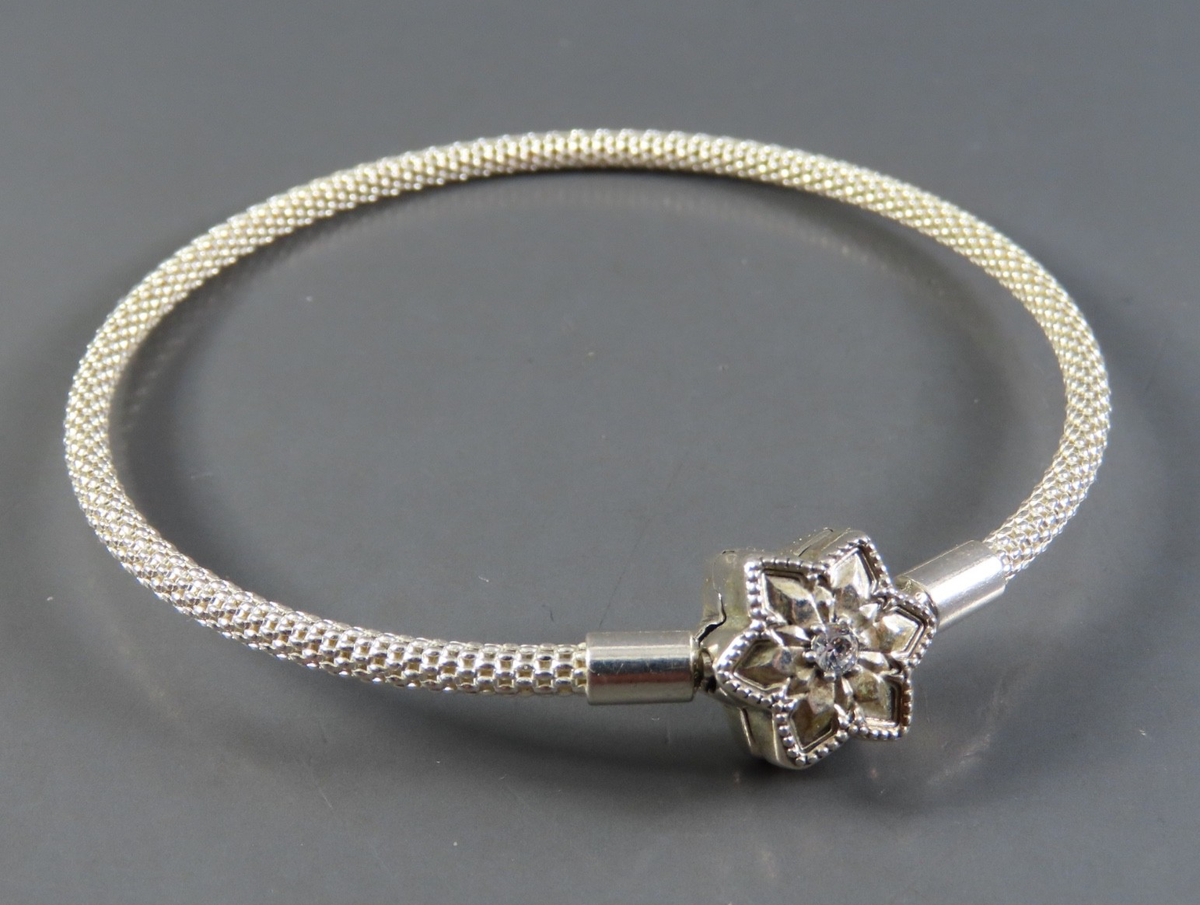 PANDORA MOMENTS Sterling Silver SHINE BRIGHT SNOWFLAKE Mesh Bangle Bracelet  STAR