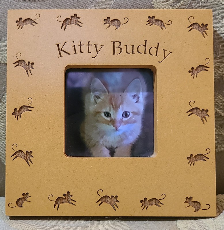 Cat Photo Frame. Kitty Buddy. Vintage. Yellow Etched Wood 4.5 Inch Square. Cute.