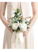 Ling's moment Artificial Flowers White Bridesmaid Bouquet, 7” White And Sage