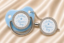 Baby Boys Blue Personalised Dummy Clip Chain Hospital Sets Nana's Boy Crystal