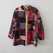 Patchwork Look Sherpa Lined Coat Jacket XL Hood Boho Indie Maximalist Pockets