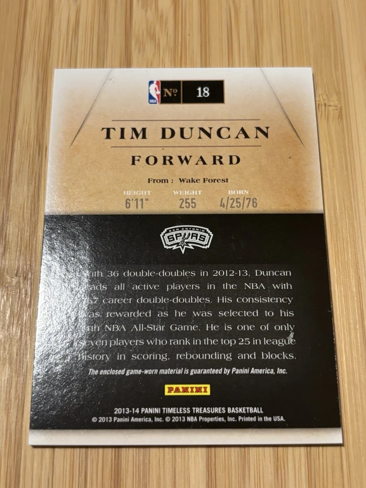 2013-14 Timeless Treasures - MINT RELIC #d 5/49 HOF Tim Duncan/San Antonio Spurs - Image 2 of 3