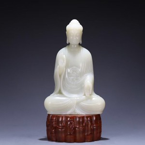 CHINESE ANTIQUE NEPHRITE WHITE JADE BUDDHA STATUE