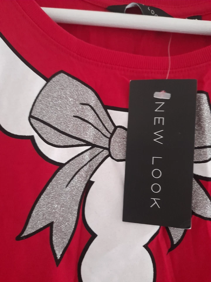 BNWT New Look Ladies Red Mrs Claus  Santa Christmas Glitter Top Size 10 T-Shirt - Image 2 of 2