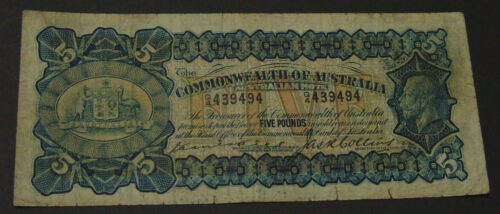 Australian 1924 £5.  Renniks 38a. Kell/Collins  S/N Q4 439494. Circulated, VG. - Picture 1 of 2