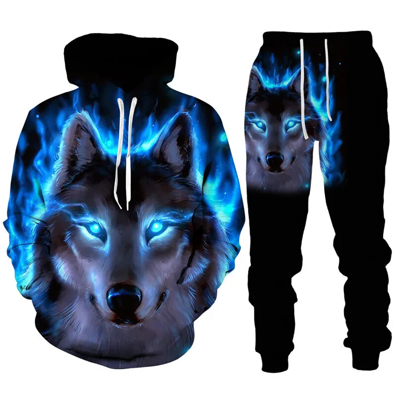 ずい　Sweater Wolf Tee セット Wolf 3D Print Tracksuit Set Hoodie Pants Sets Hip Hop Casual