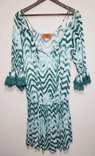 VOOM By Joy Han Green White Cold Shoulder Cover Up Dress Elastic Lace Sleeve M