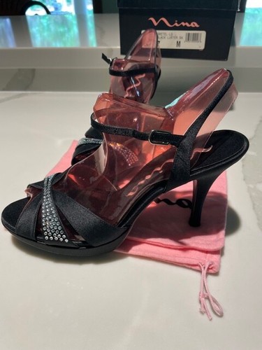 NINA Gretal Black Luster SA Size 7M With Box, Bag, Extra Stones - Picture 3 of 12