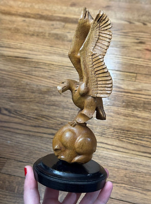 Vintage Hand Carved Wood Eagle with Bear Statue Figure 9x4  Signed