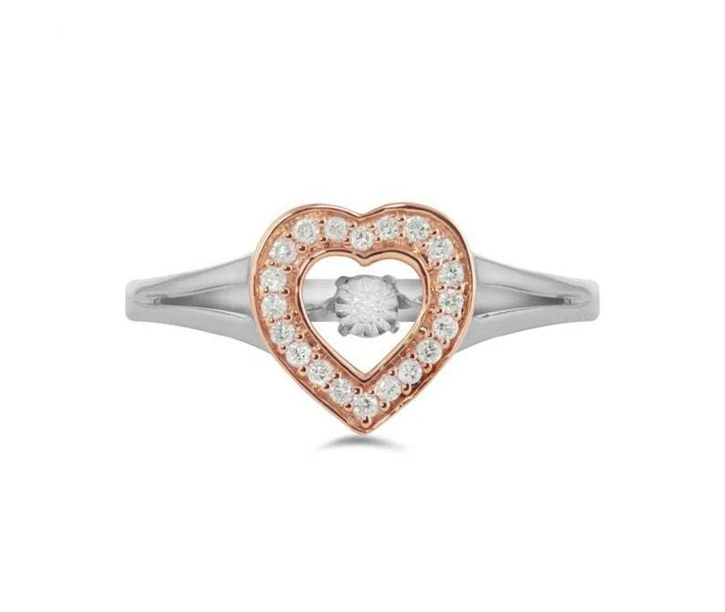 Two Tone Sterling Silver Dancing Diamond Ring Sweetheart Ring