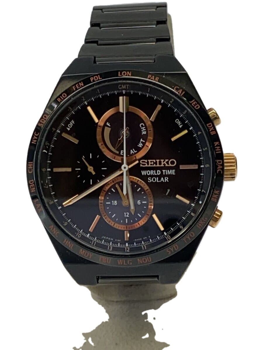 SEIKO WORLD TIME SOLAR ブラック　V195 Seiko WORLD TIME V195-0AE0 men solar Quartz Black Dial Watch