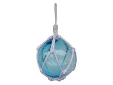 Light Blue Japanese Glass Ball Fishing Float With White Netting Decoration 6"