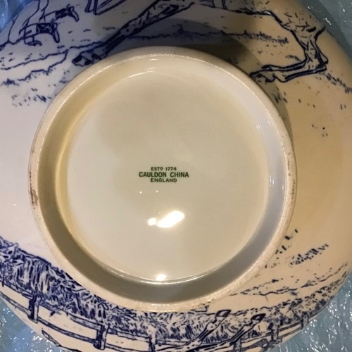 Fox Hunt Hunting Cauldon Horse In Stream Monochrome Blue Covered Serving Bowl - Picture 6 of 9