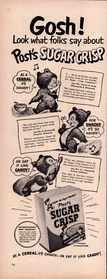 Post's Sugar Crisp Cereal Cute Bears Candy Cereal 1951 Vintage Print Ad-C4.1