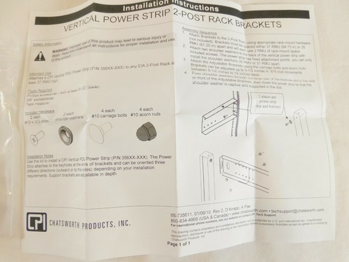 2-Post Rack Brackets CPI Vertical Power Strip for PDU 356XX-XXX - 第 10/10 張圖片
