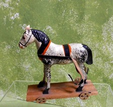 Antique Germany 4" Putz Horse on Wheels- Mache, Wood Legs, German, Platform