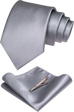 Men's Solid Color Necktie Pocket Square Set with Tie Clip