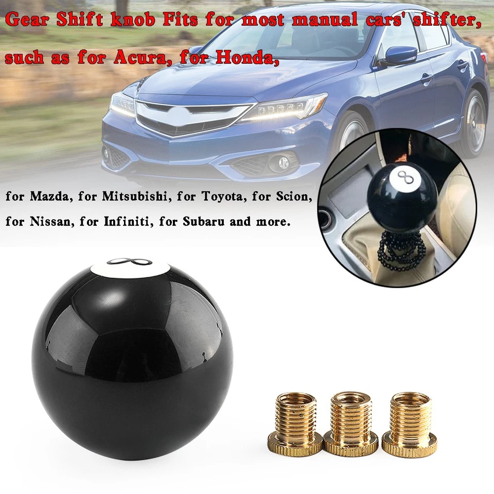 🌟Universal No.8 Billiard Ball Gear Shifter Black Round Shift Knob w/ 3 Adapters Foto 2 de 4