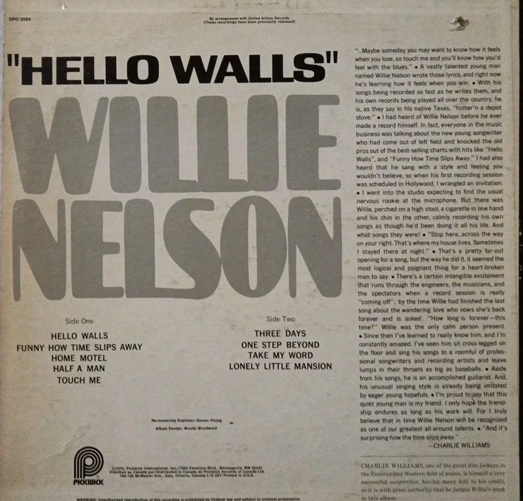 Willie Nelson-Hello Walls 1966 Vinyl LP Album. 1978 Pickwick SPC 3584. - Image 2 of 4