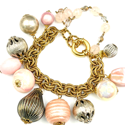 Maximal Art John Wind Gold Tone Crystal and Chain Hand Watch Bracelet 8” John Wind Maximal Art Charm Bracelet Pink Lucite Charms Gold  main image 4