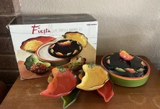 Clay Art Handpainted Chili Fiesta Ceramic Tortilla Warmer W/ Lid & 4 Sauce Trays