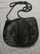 Black Hand Beaded Purse Vtg Evening Bag Clutch Long Braided Rope Handle KHC