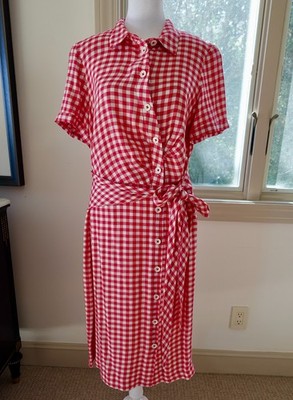 Madeleine Curve Gingham Cottage girl button down shirt dress midi tie waist M