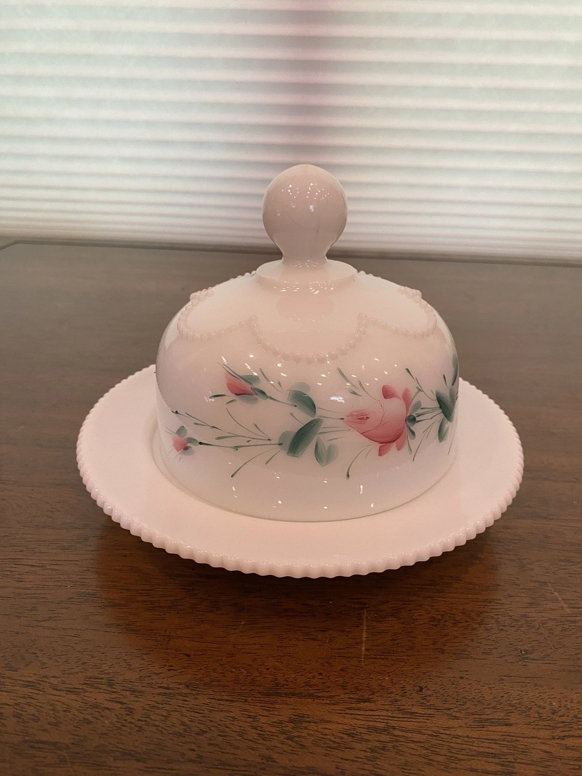 ANTIQUE Heisey Milk Glass Beaded Swag Floral PAINTED Lidded Butter Dish 5.5"H