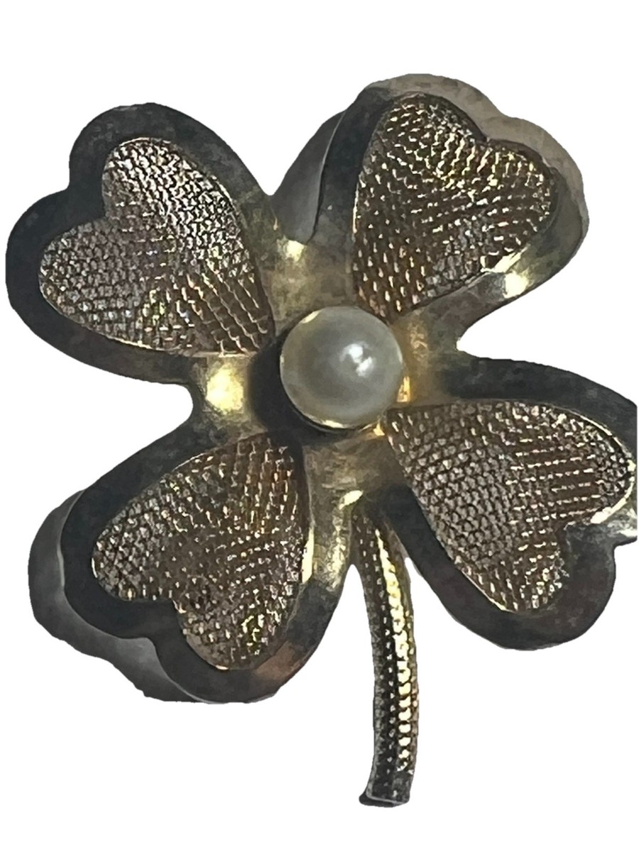 Broche Vintage Coro Trèfle à 4 Feuilles - Perles Et Ton Doré, Occasion